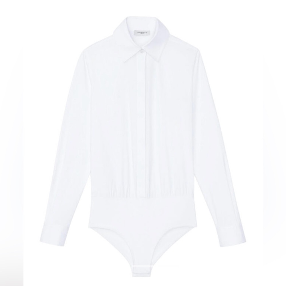Lafayette 148 New York Cotton Pointed Collar Button Down Bodysuit White Shirt